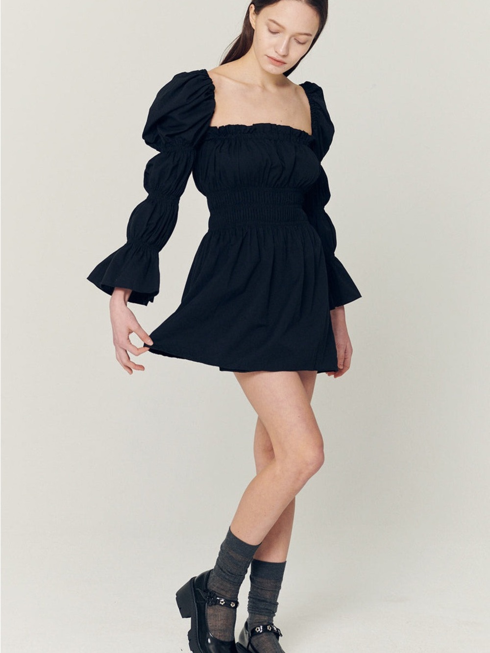 Storets Clare Puff-Sleeve Mini Dress — Black